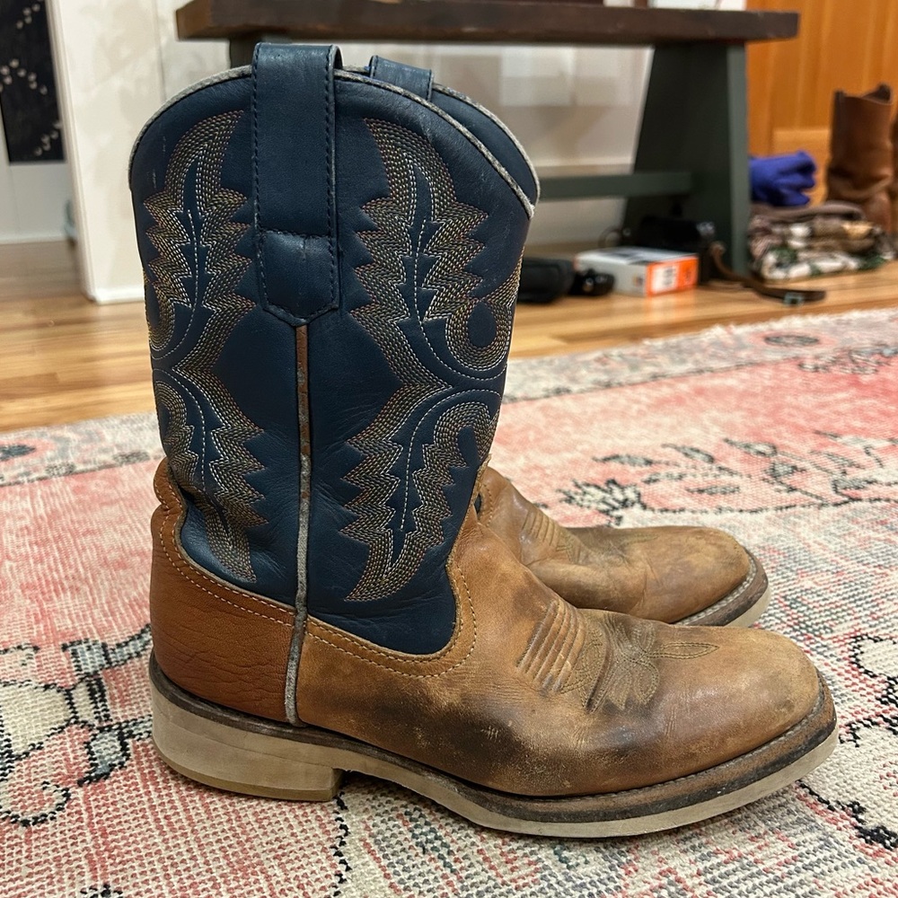 Roper Cowboy Boots Mens Size 8-8.5 Brown Leather Western Boots Blue Square Toe